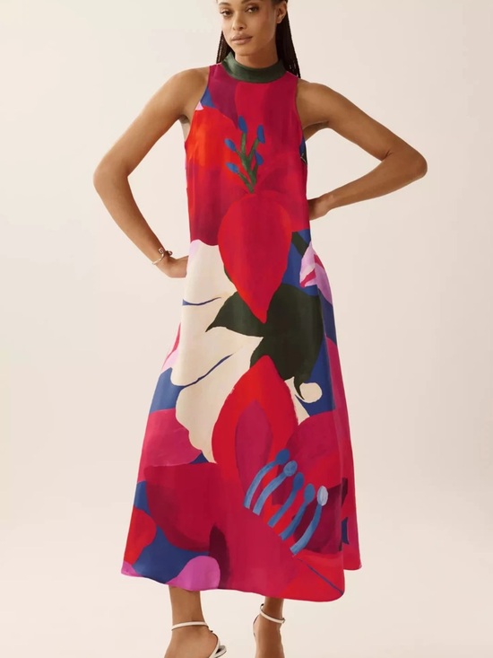 FARM Rio Dresses & Skirts - FARM Rio Anthropologie Halter Vibrant Red Floral Watercolor Maxi Dress Size L